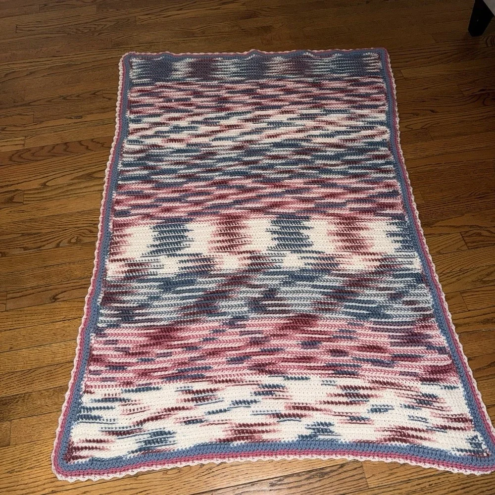 Handmade crochet afghan / throw blanket Pink Blue White Approximately 57.5x40.5